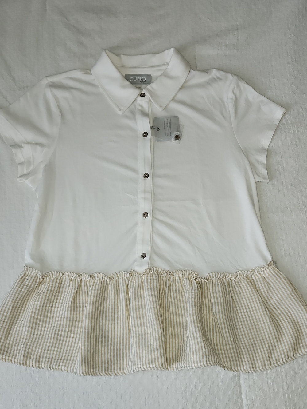 Cupio Blush Gingham Peplum Polo Top Off White Beige | Size L | NWT